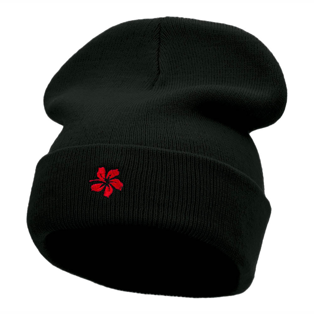 Hibiscus Flower Embroidered 12 Inch Long Knitted Beanie - Black OSFM
