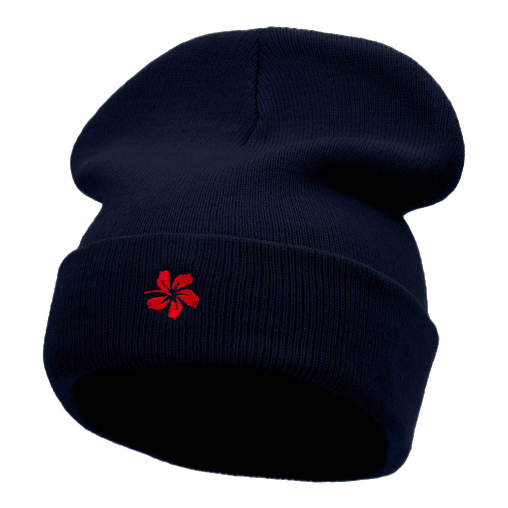 Hibiscus Flower Embroidered 12 Inch Long Knitted Beanie - Navy OSFM