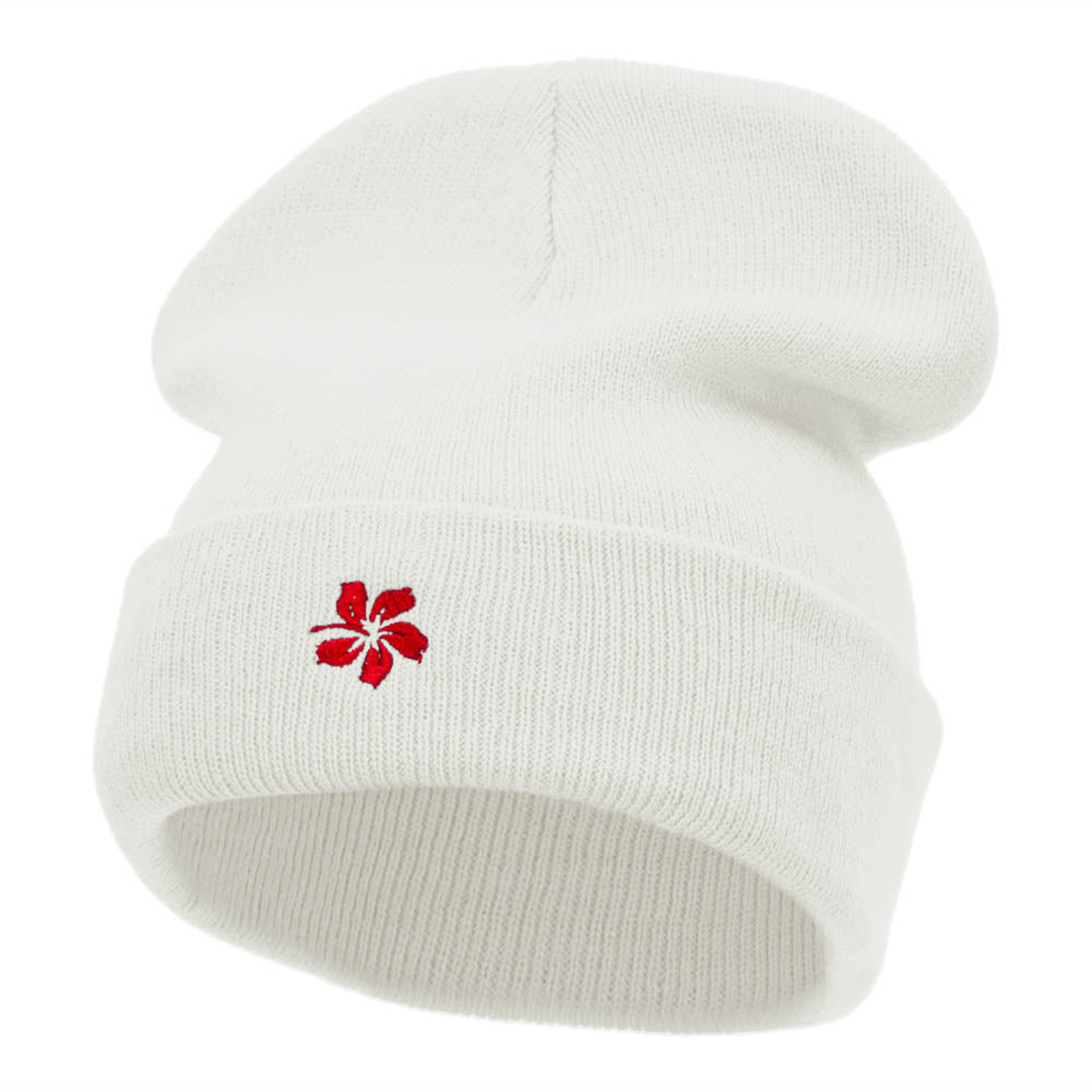 Hibiscus Flower Embroidered 12 Inch Long Knitted Beanie - White OSFM