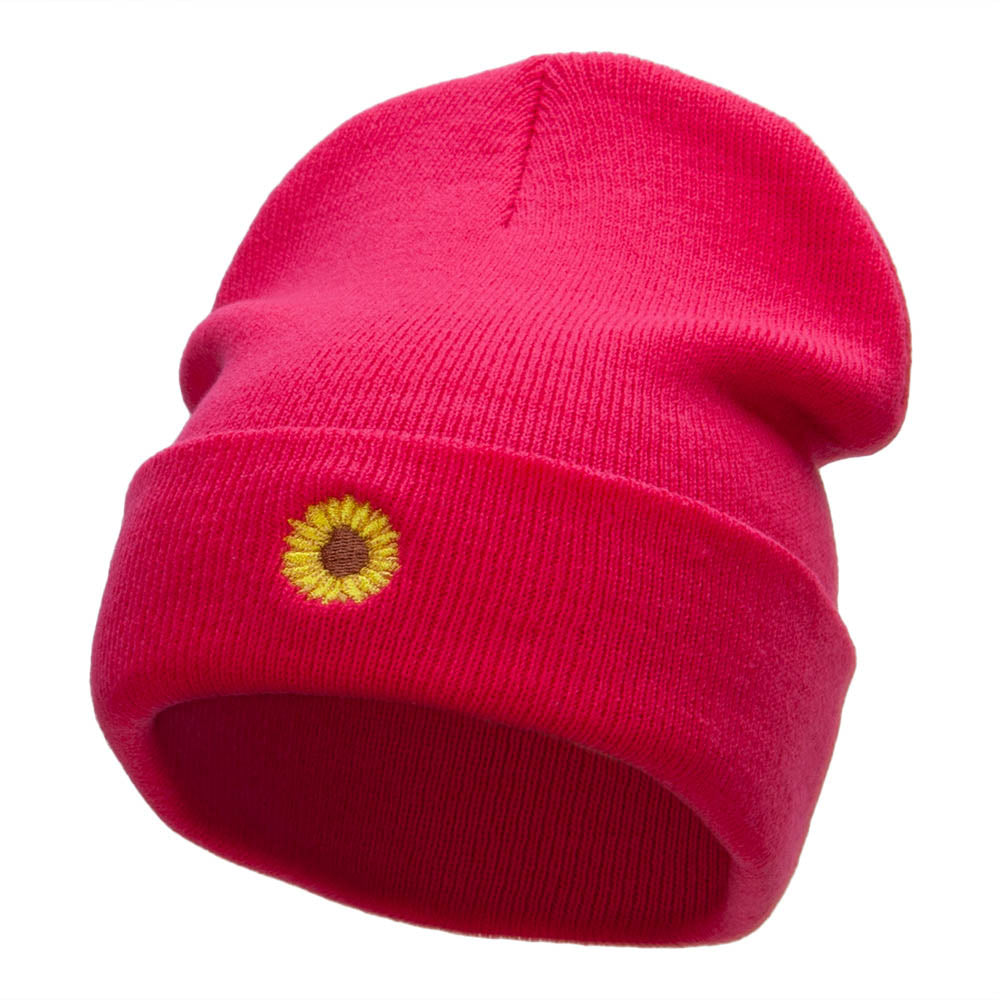 Mini Sunflower Embroidered 12 Inch Long Knitted Beanie - Magenta OSFM