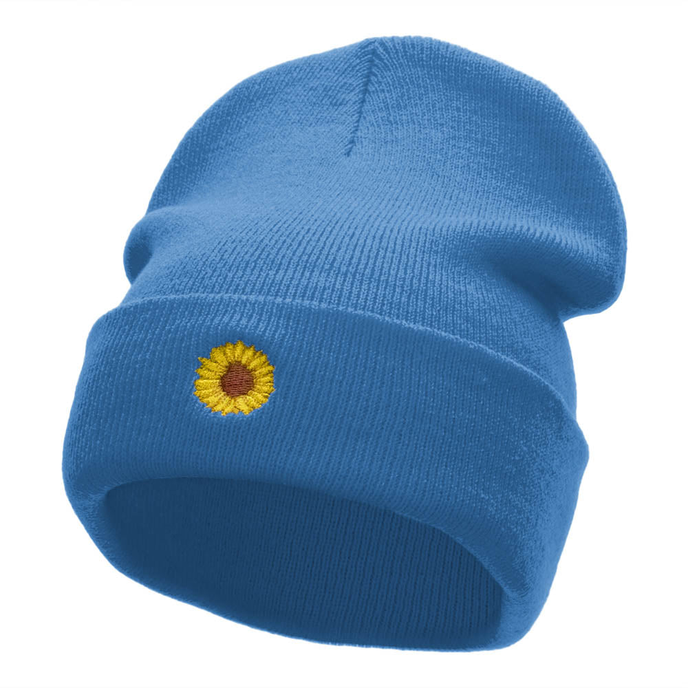 Mini Sunflower Embroidered 12 Inch Long Knitted Beanie - Sky Blue OSFM