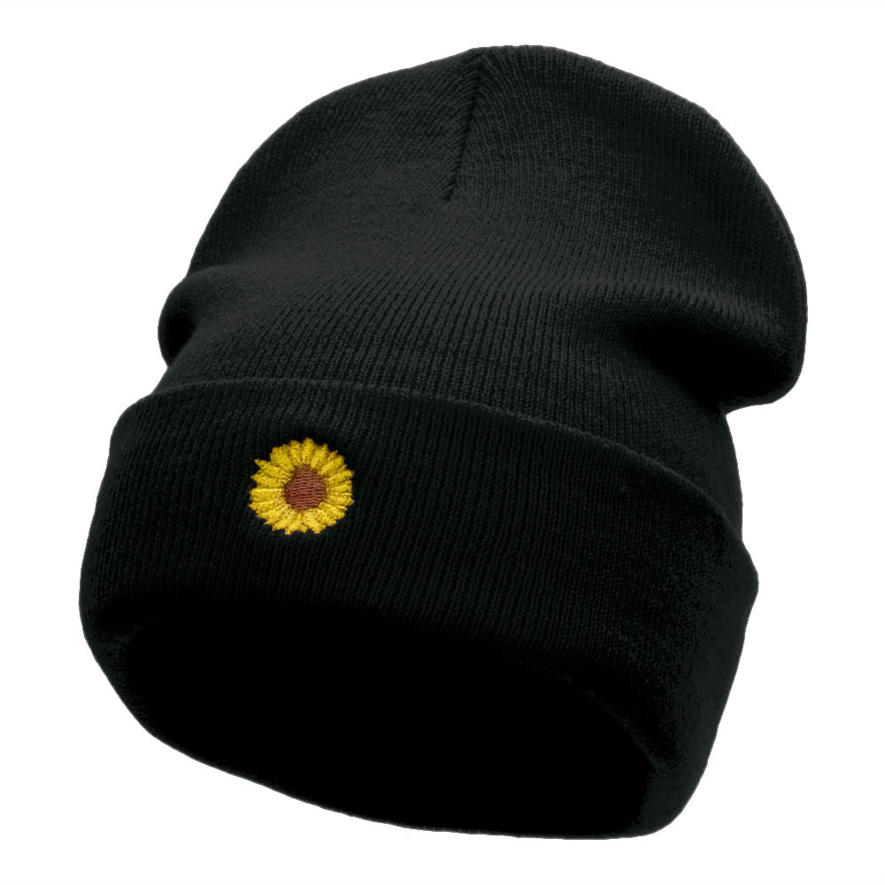 Mini Sunflower Embroidered 12 Inch Long Knitted Beanie - Black OSFM