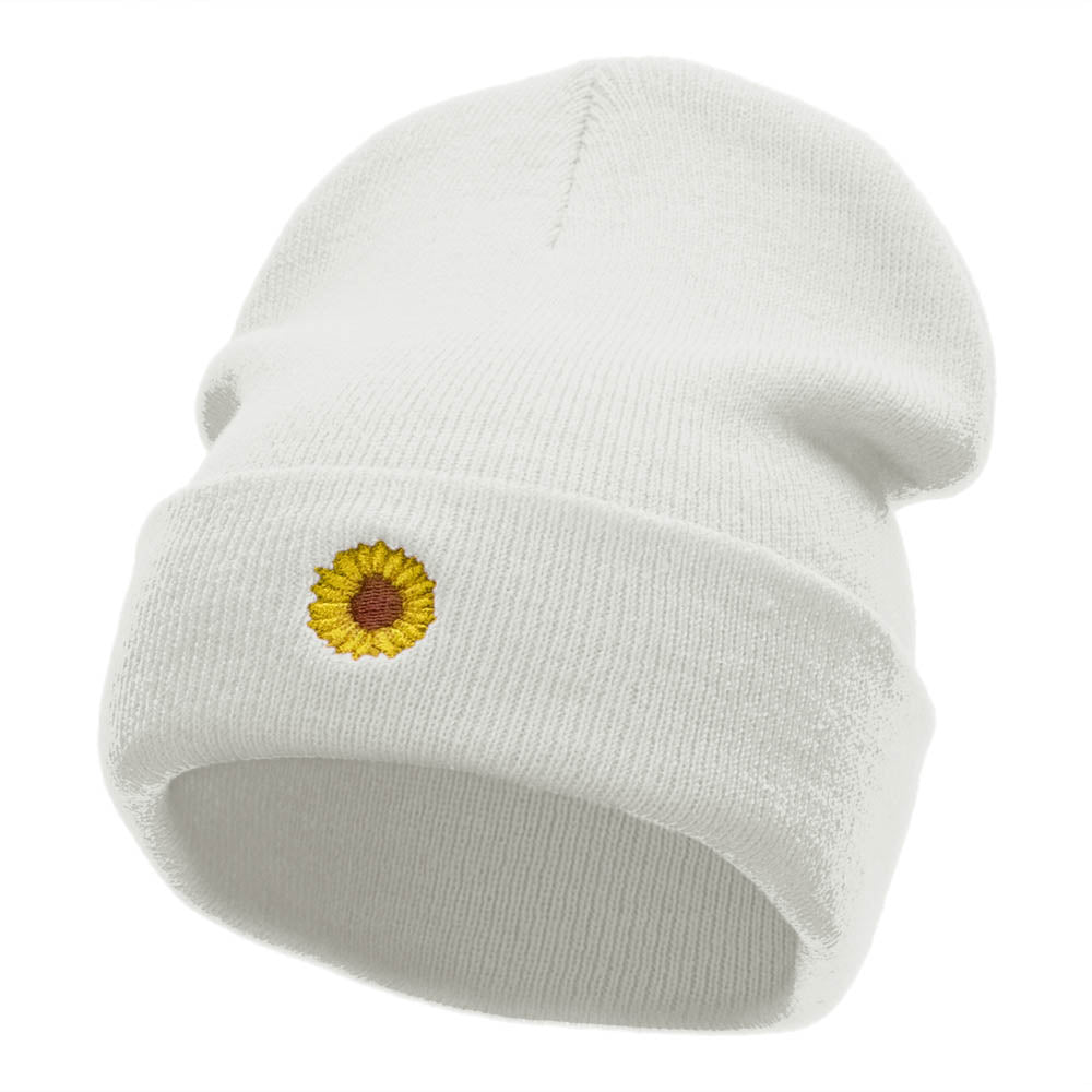 Mini Sunflower Embroidered 12 Inch Long Knitted Beanie - White OSFM
