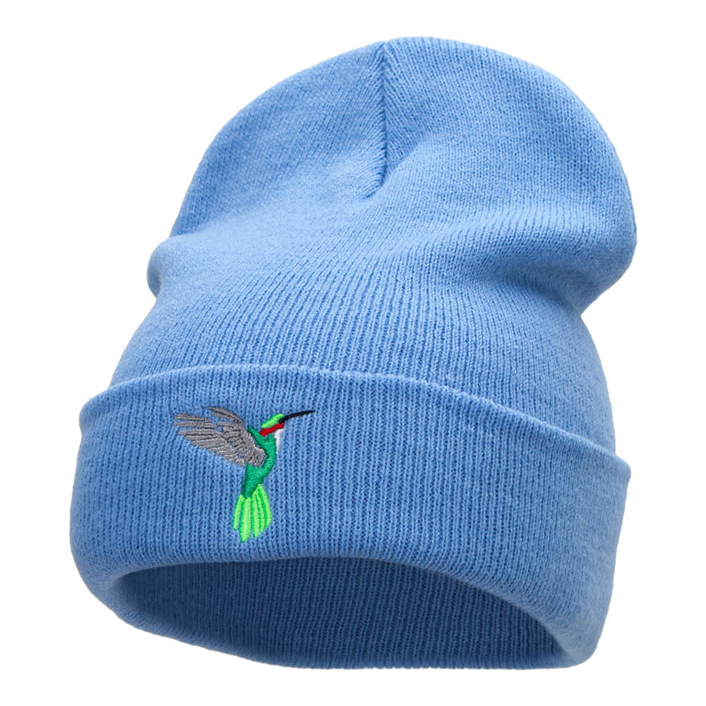 Humming Bird Embroidered 12 Inch Long Knitted Beanie - Sky Blue OSFM