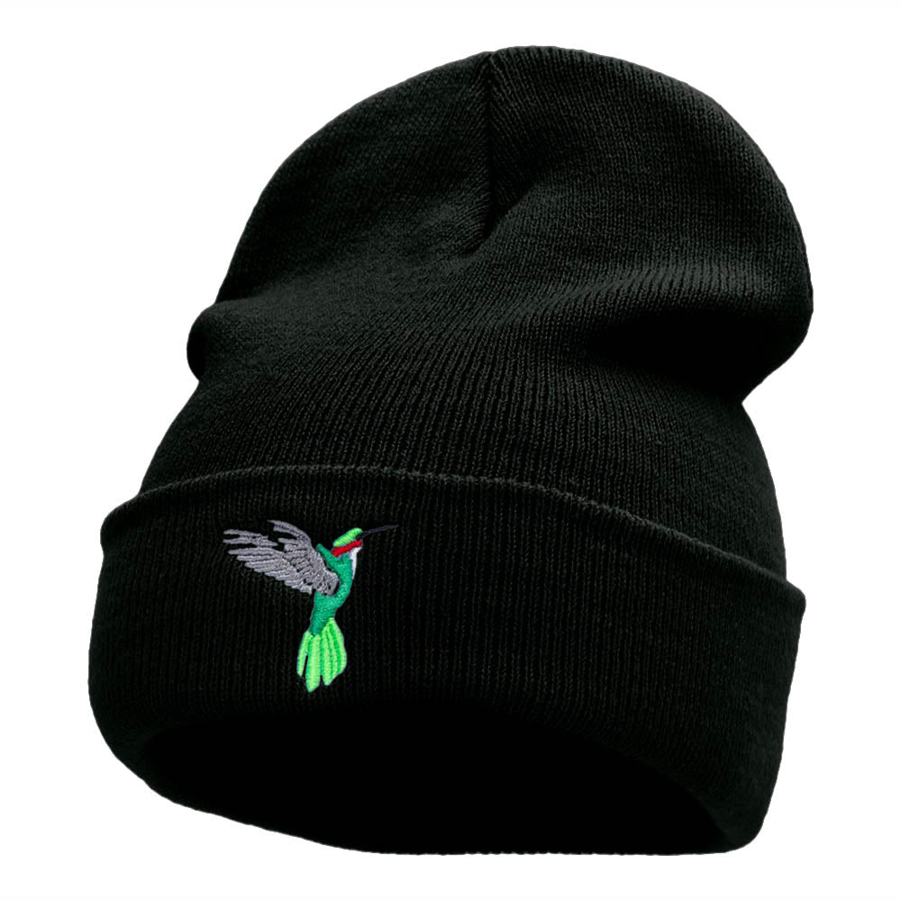 Humming Bird Embroidered 12 Inch Long Knitted Beanie - Black OSFM