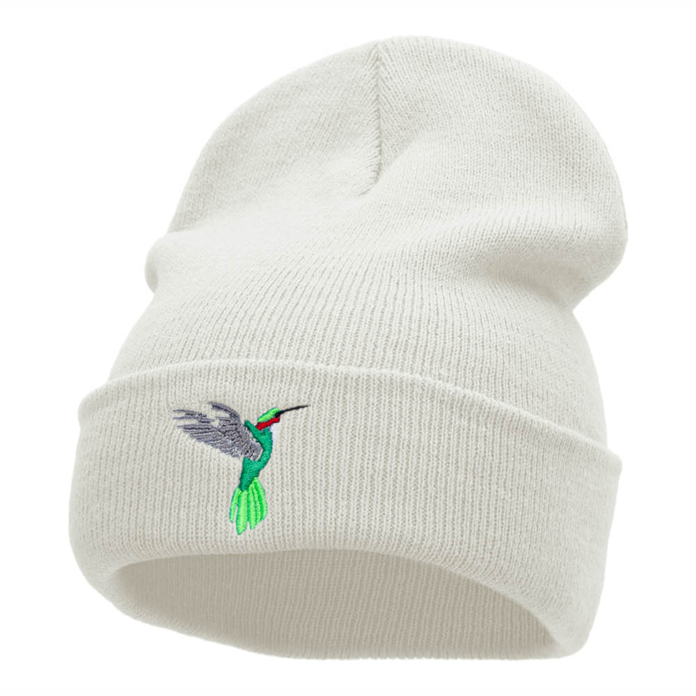 Humming Bird Embroidered 12 Inch Long Knitted Beanie - White OSFM
