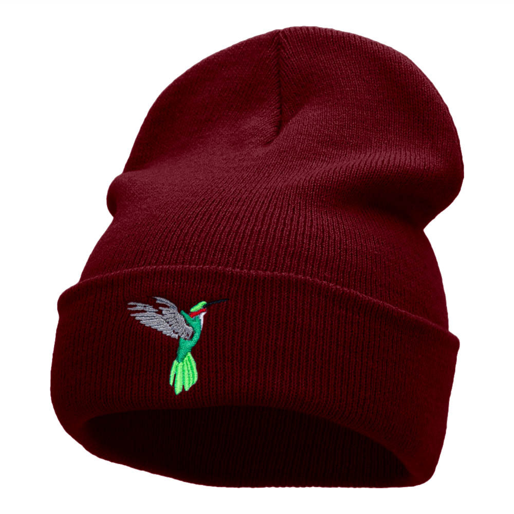 Humming Bird Embroidered 12 Inch Long Knitted Beanie - Maroon OSFM