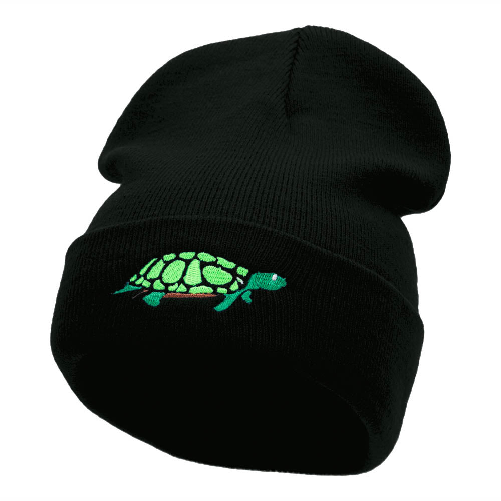 The Turtle Embroidered 12 Inch Long Knitted Beanie - Black OSFM