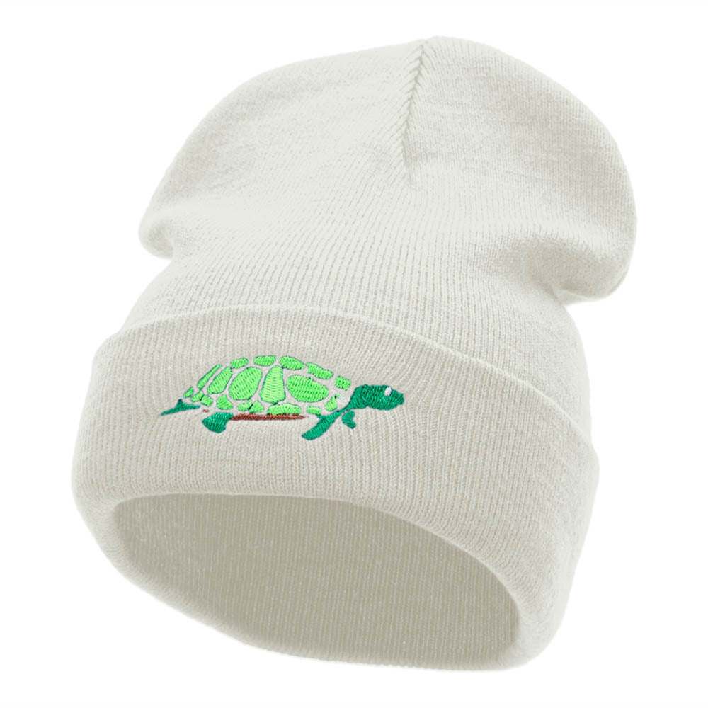 The Turtle Embroidered 12 Inch Long Knitted Beanie - White OSFM