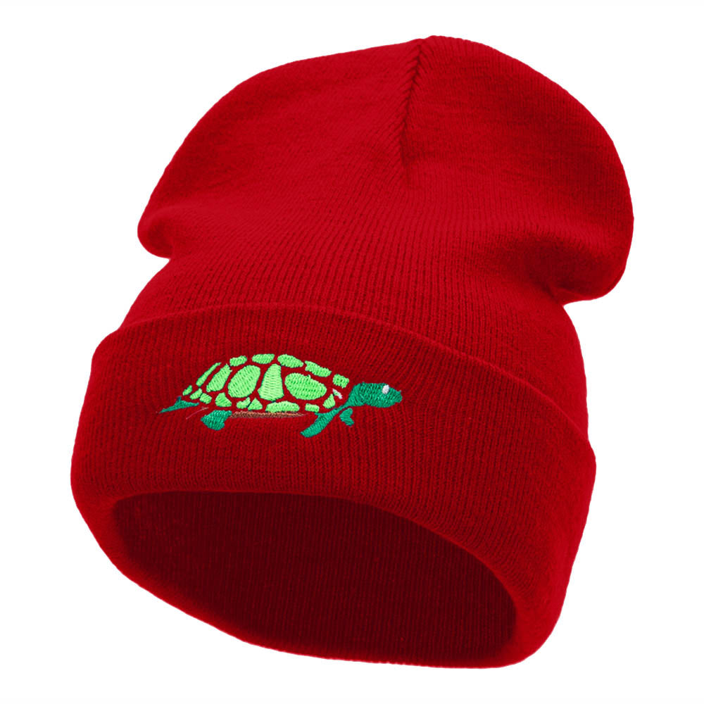 The Turtle Embroidered 12 Inch Long Knitted Beanie - Red OSFM