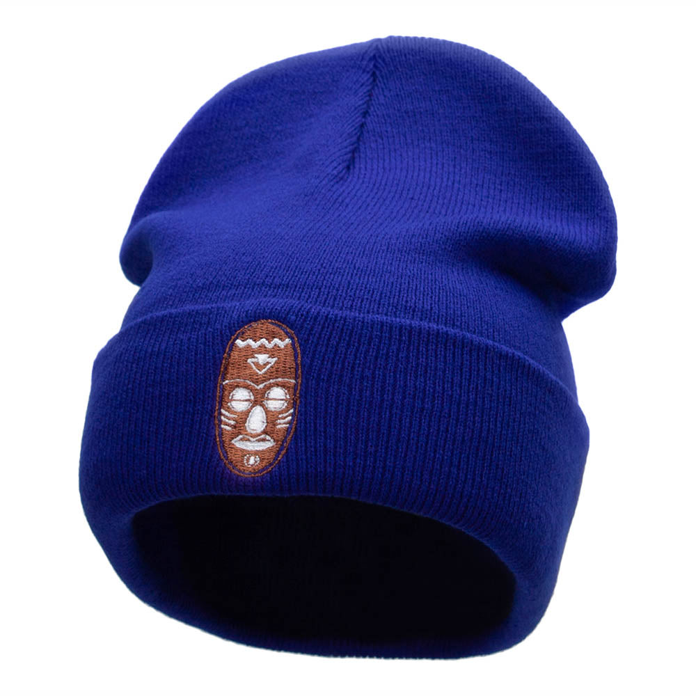African Mask Embroidered 12 Inch Long Knitted Beanie - Royal OSFM