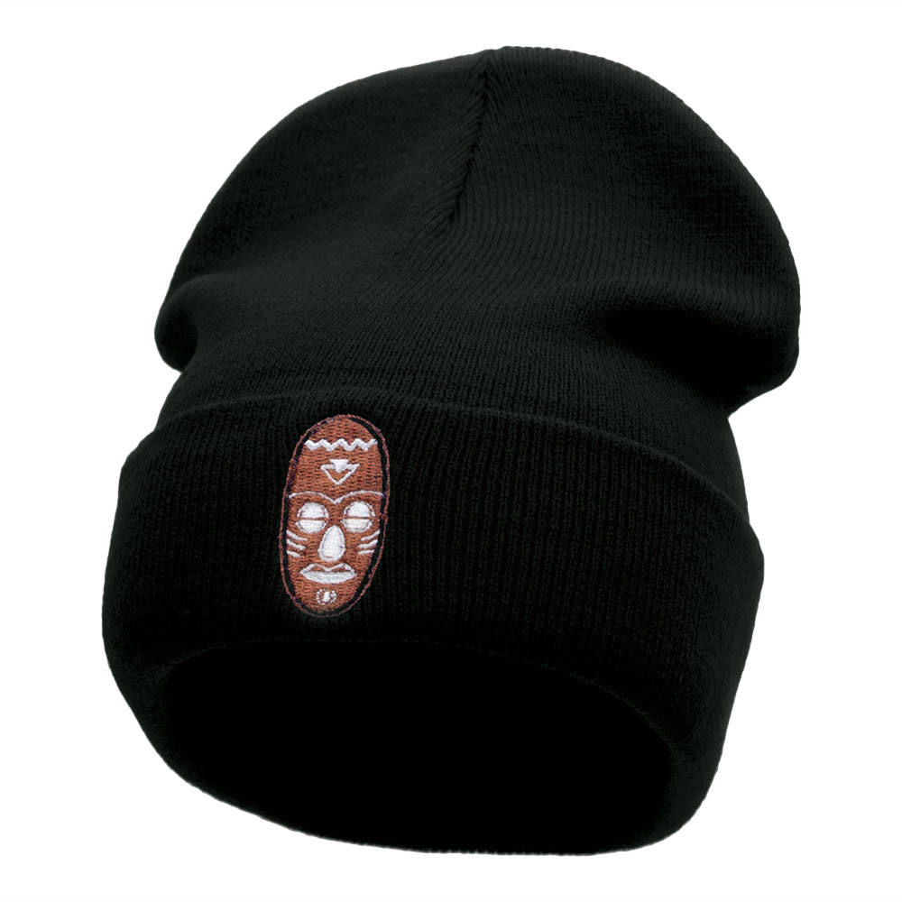 African Mask Embroidered 12 Inch Long Knitted Beanie - Black OSFM