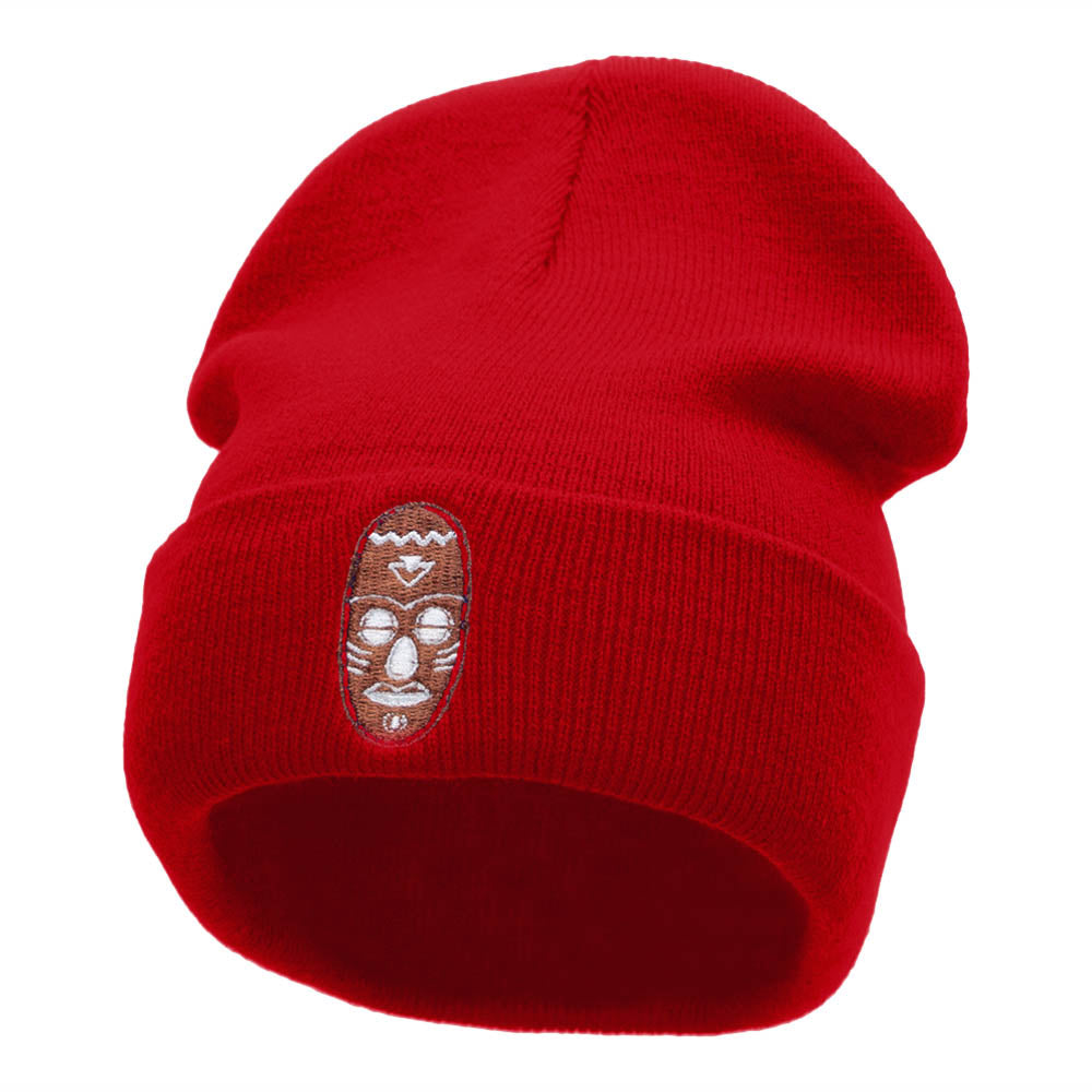 African Mask Embroidered 12 Inch Long Knitted Beanie - Red OSFM