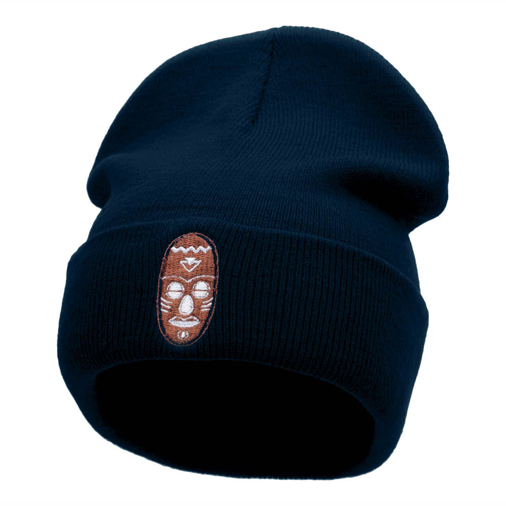 African Mask Embroidered 12 Inch Long Knitted Beanie - Navy OSFM