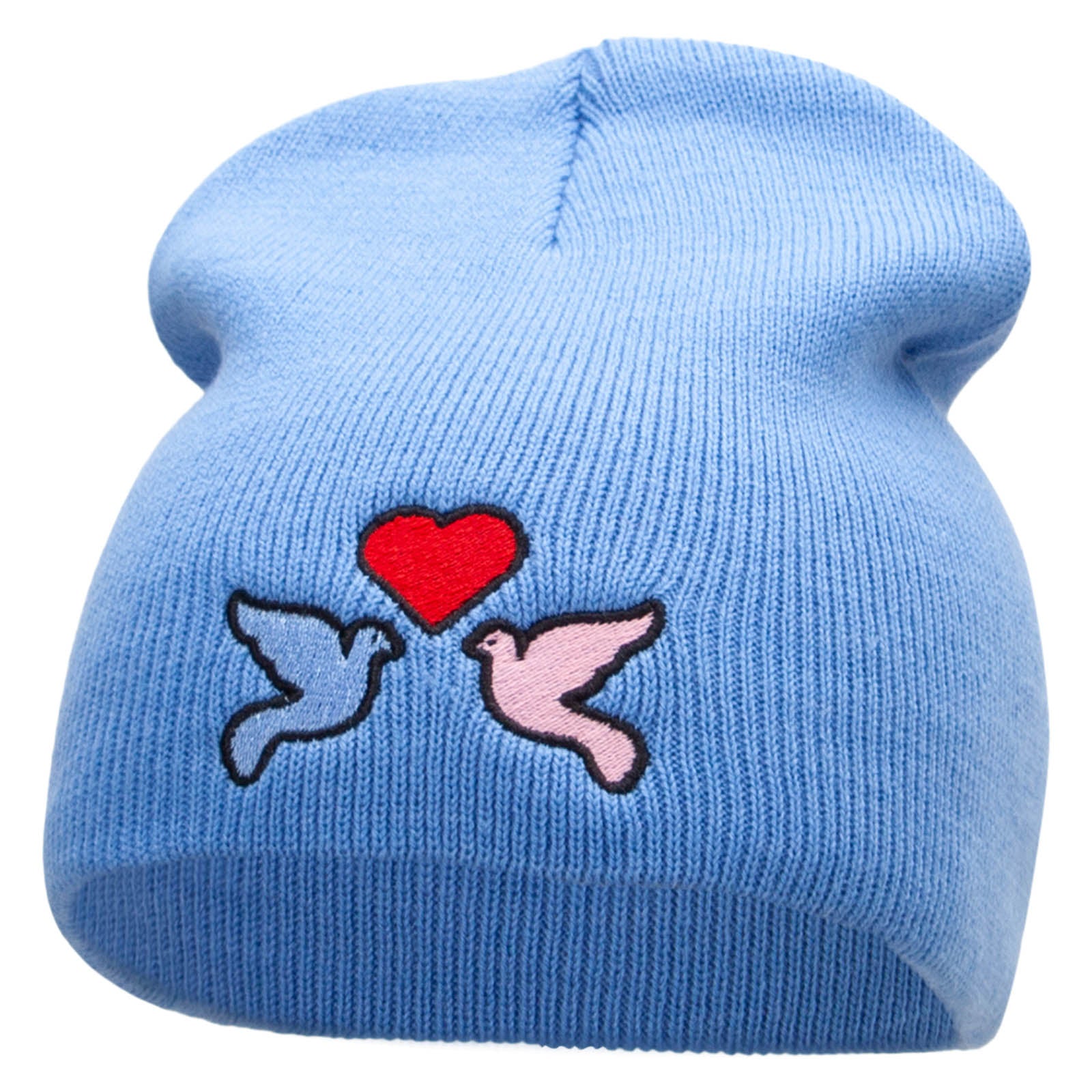 2 Love Birds Embroidered 8 Inch Short Beanie - Sky Blue OSFM