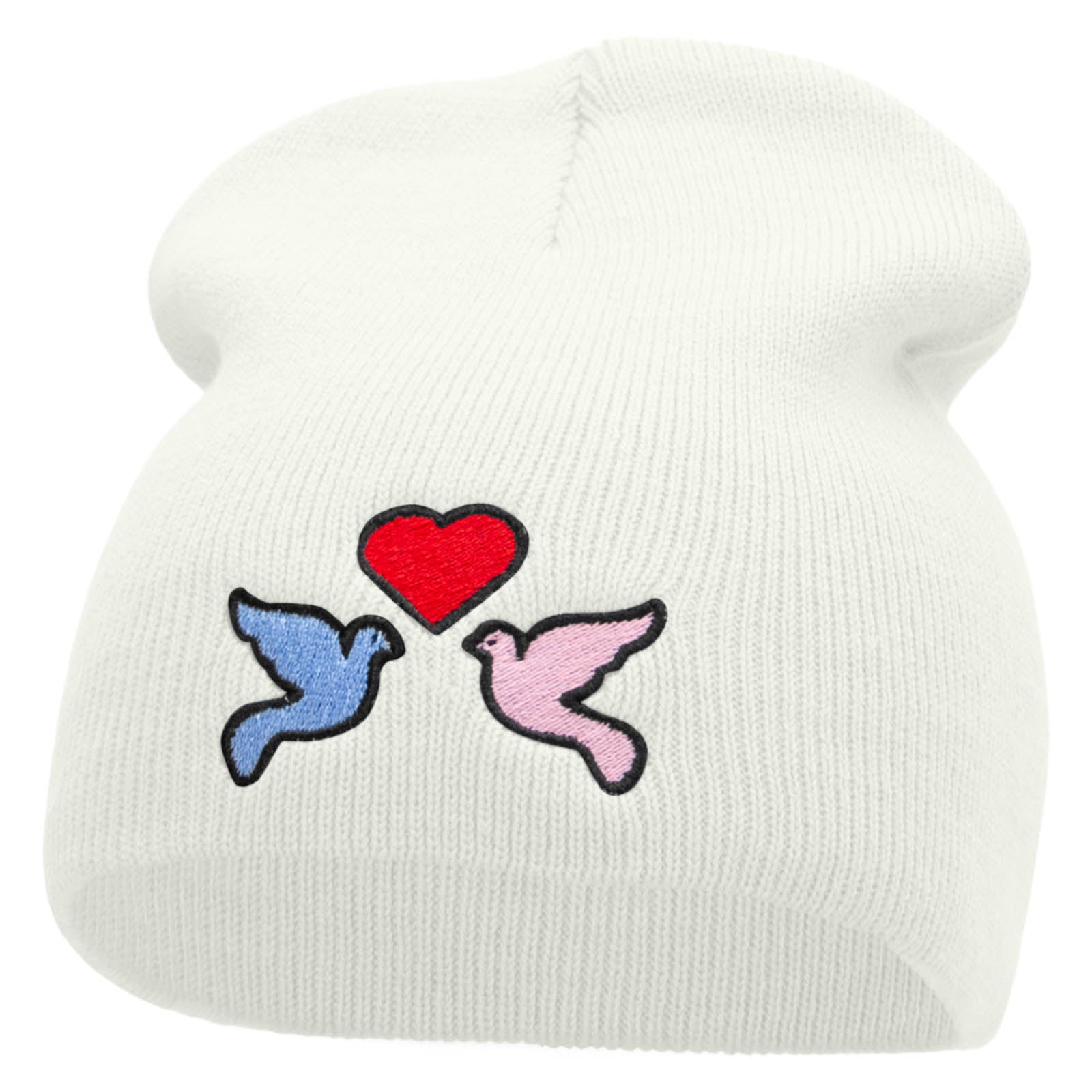 2 Love Birds Embroidered 8 Inch Short Beanie - White OSFM