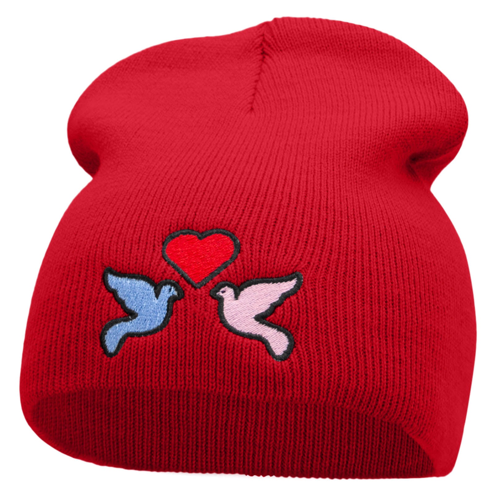 2 Love Birds Embroidered 8 Inch Short Beanie - Red OSFM