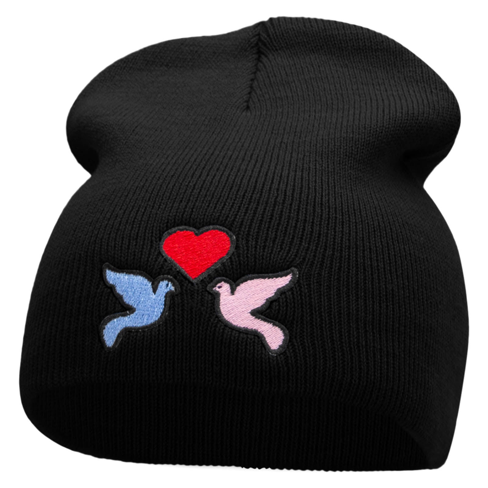 2 Love Birds Embroidered 8 Inch Short Beanie - Black OSFM