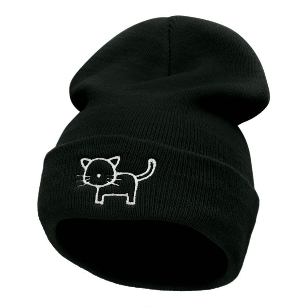 Cat Doodle Outline Embroidered Knitted Long Beanie - Black OSFM
