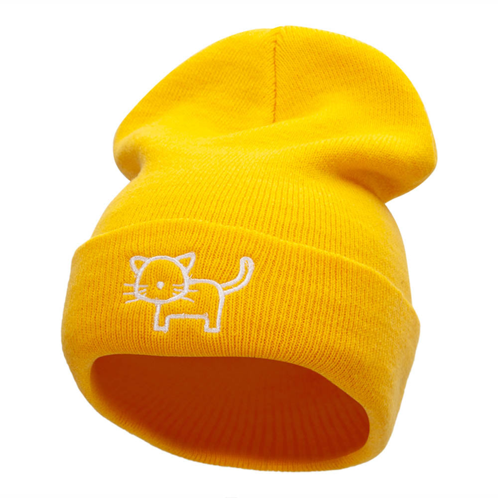 Cat Doodle Outline Embroidered Knitted Long Beanie - Yellow OSFM