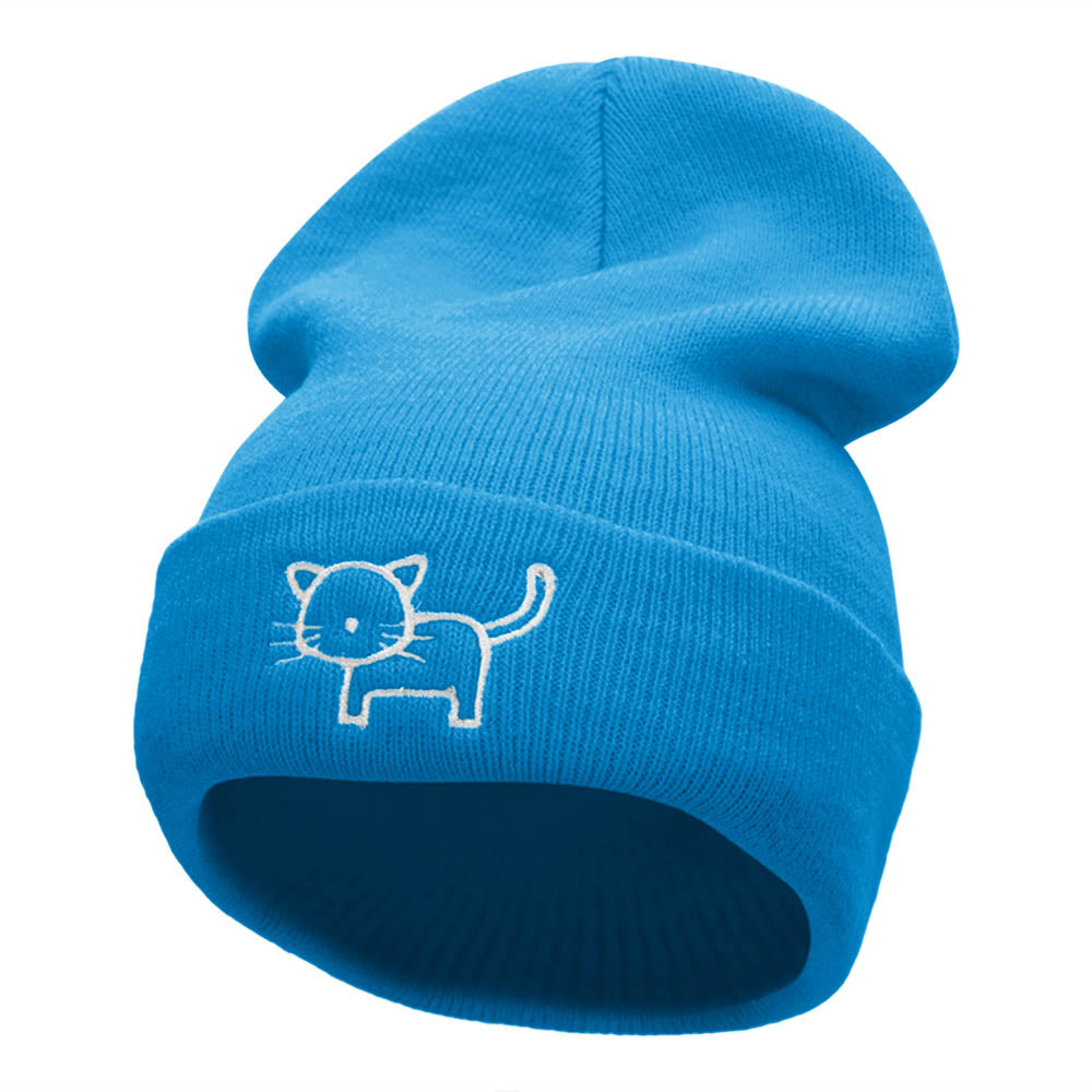 Cat Doodle Outline Embroidered Knitted Long Beanie - Aqua OSFM