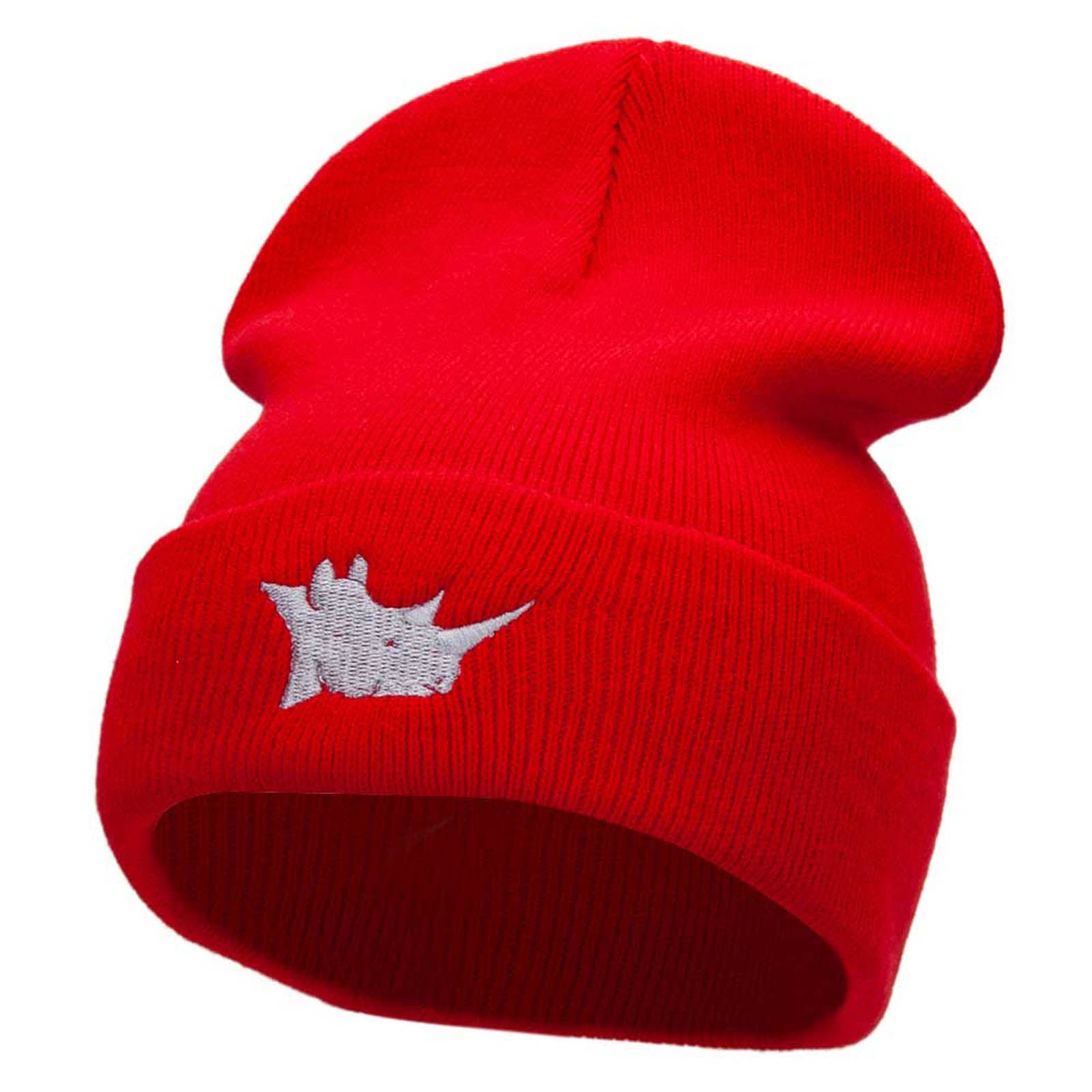 Rhino Head Embroidered 12 Inch Long Knitted Beanie - Red OSFM