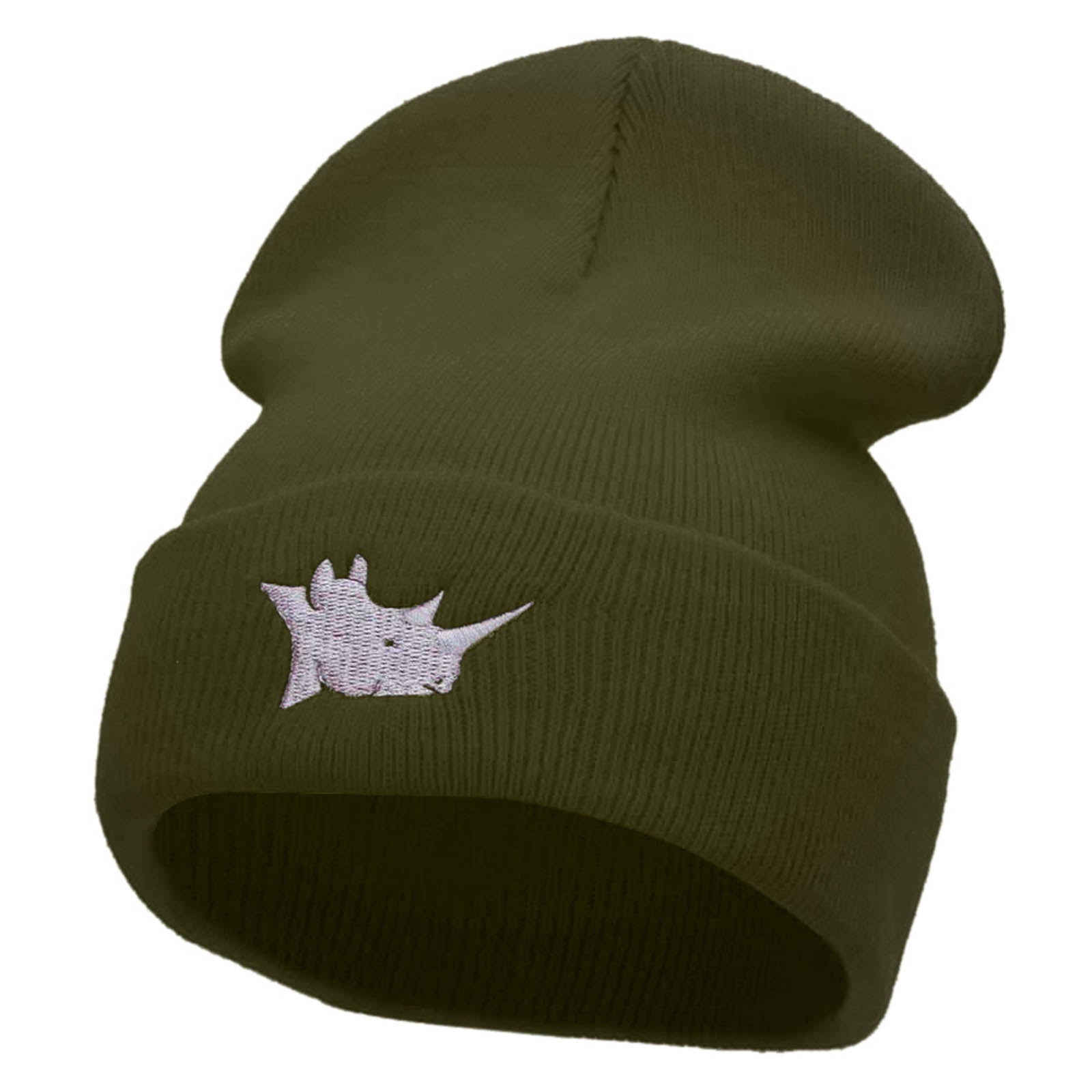 Rhino Head Embroidered 12 Inch Long Knitted Beanie - Olive OSFM