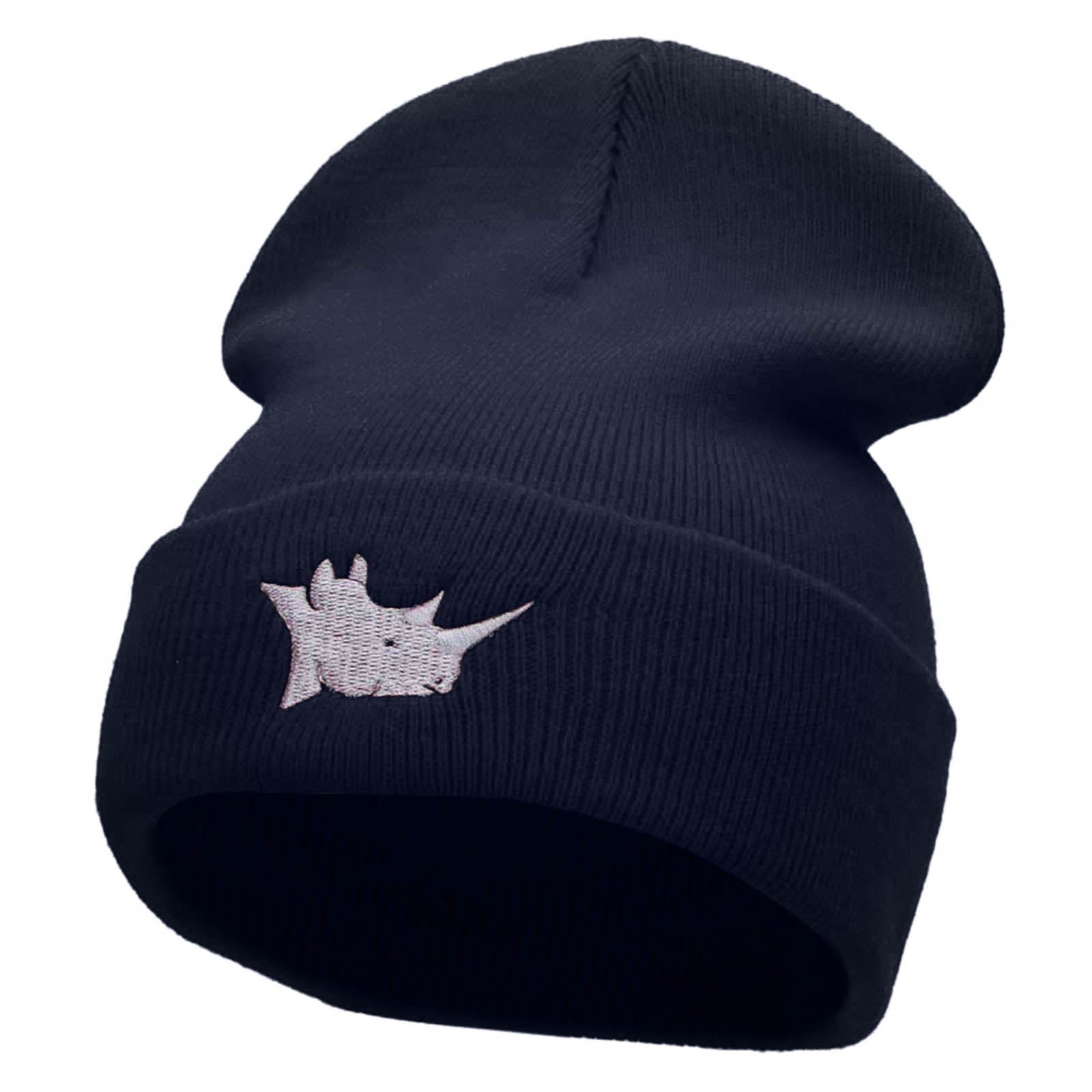 Rhino Head Embroidered 12 Inch Long Knitted Beanie - Navy OSFM