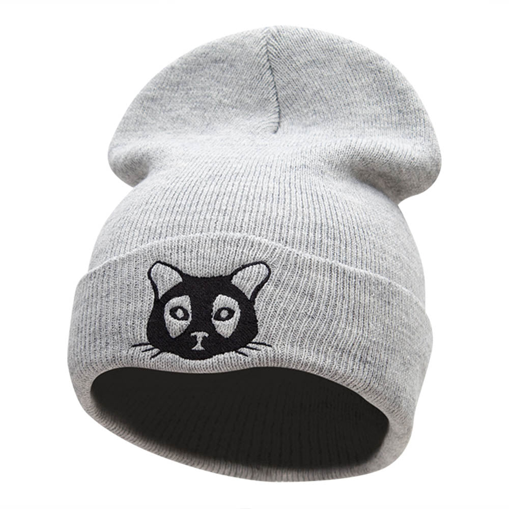 Mystical Black Cat Outline Embroidered Knitted Long Beanie - Heather Grey OSFM