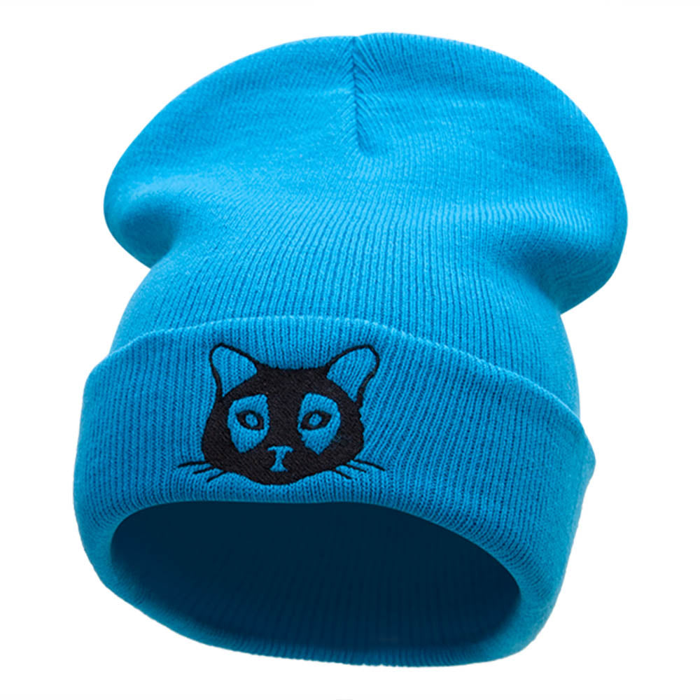 Mystical Black Cat Outline Embroidered Knitted Long Beanie - Aqua OSFM