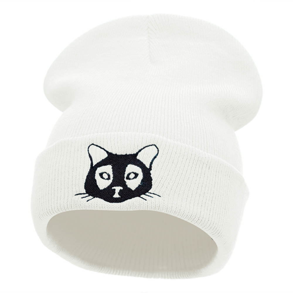 Mystical Black Cat Outline Embroidered Knitted Long Beanie - White OSFM
