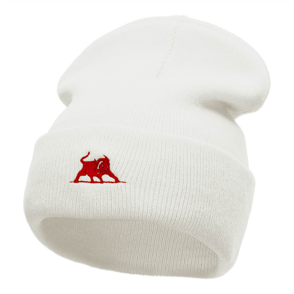 The Crimson Bull Embroidered 12 Inch Long Knitted Beanie - White OSFM
