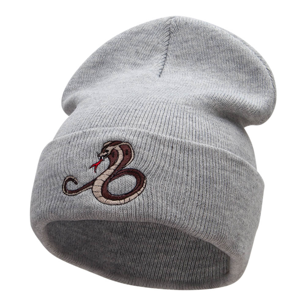 Cobra Embroidered 12 Inch Long Knitted Beanie - Heather Grey OSFM
