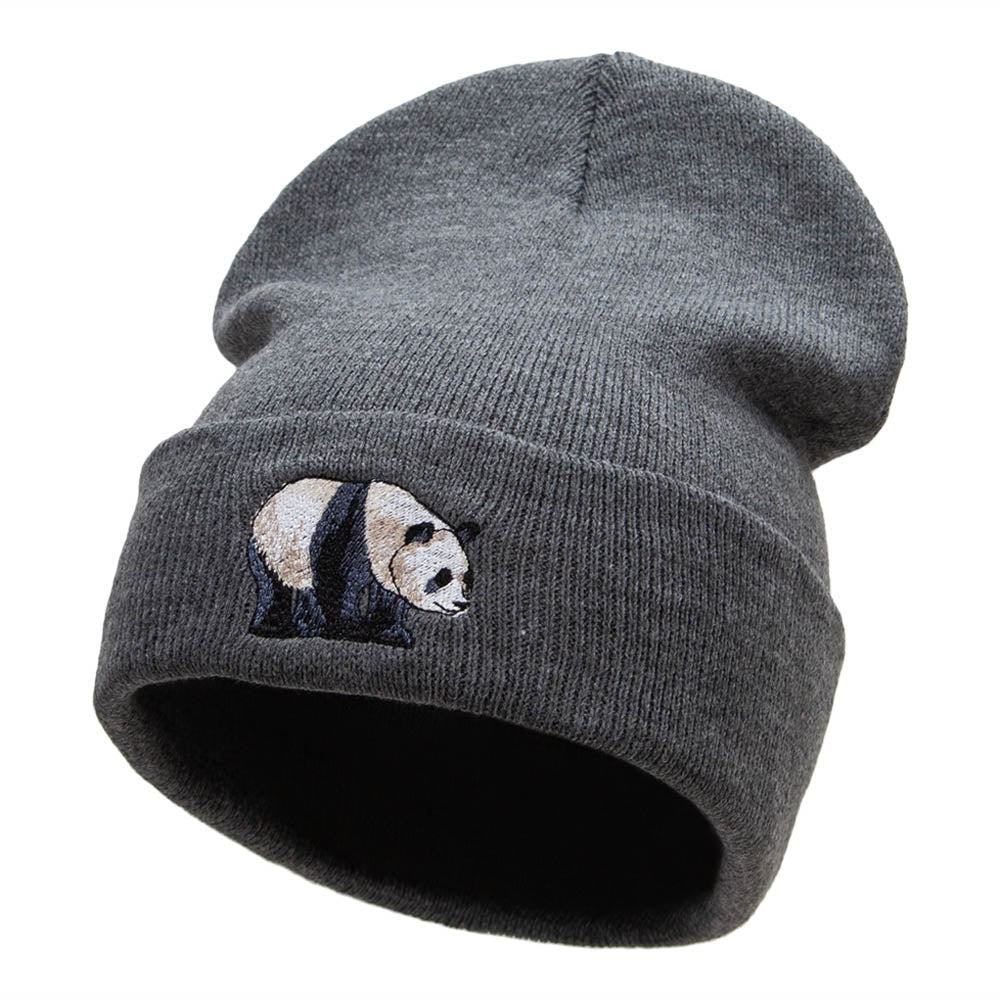 Happy Panda Embroidered 12 Inch Long Knitted Beanie - Dk Grey OSFM