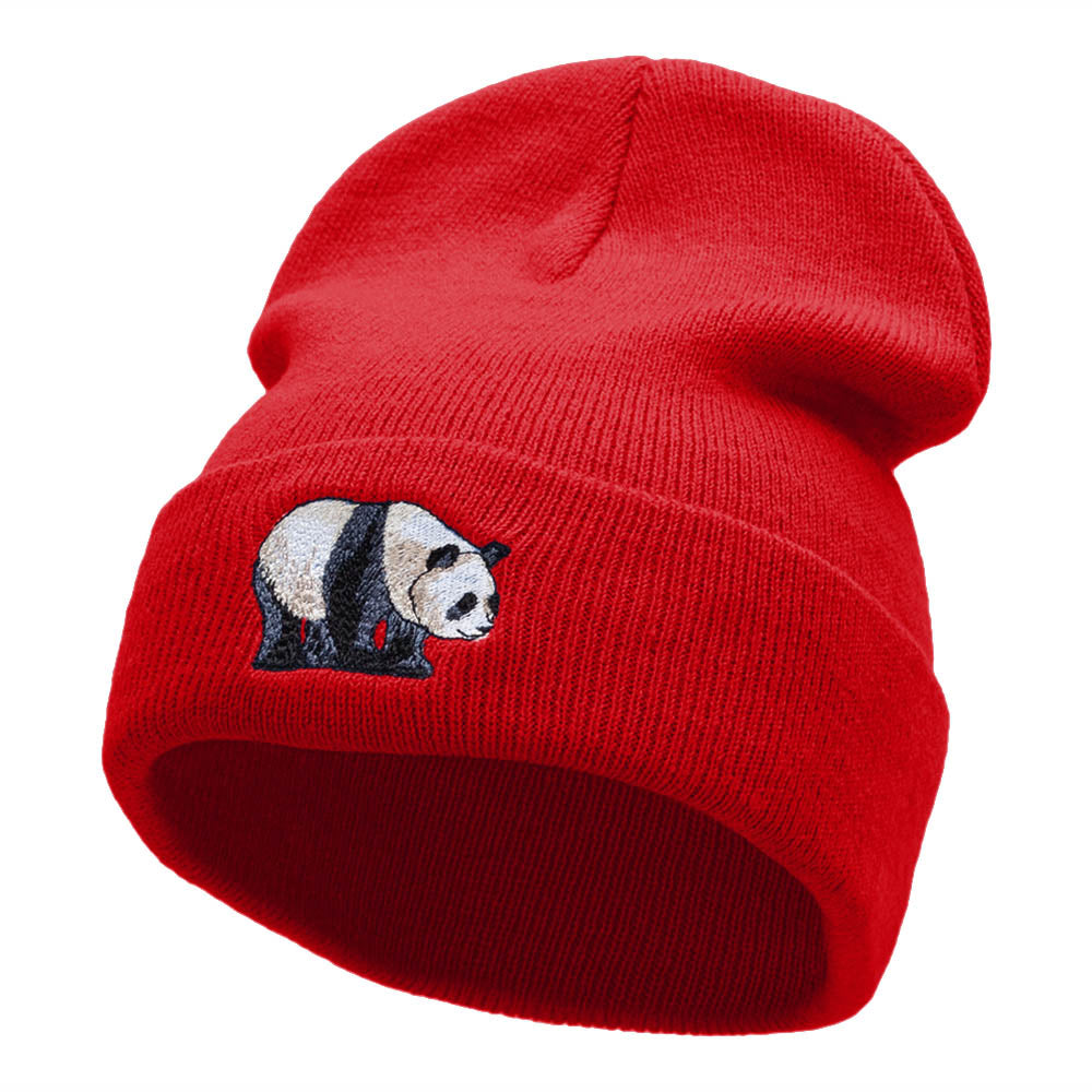 Happy Panda Embroidered 12 Inch Long Knitted Beanie - Red OSFM