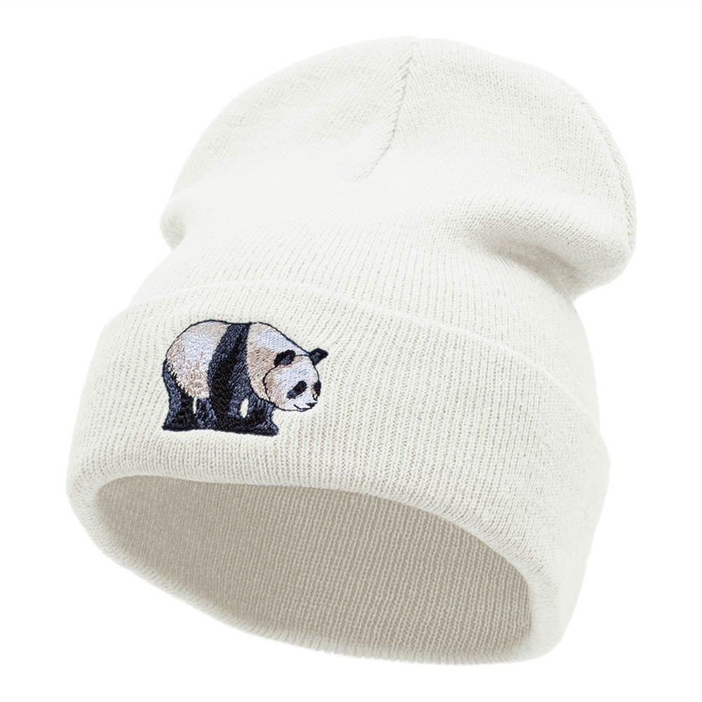 Happy Panda Embroidered 12 Inch Long Knitted Beanie - White OSFM