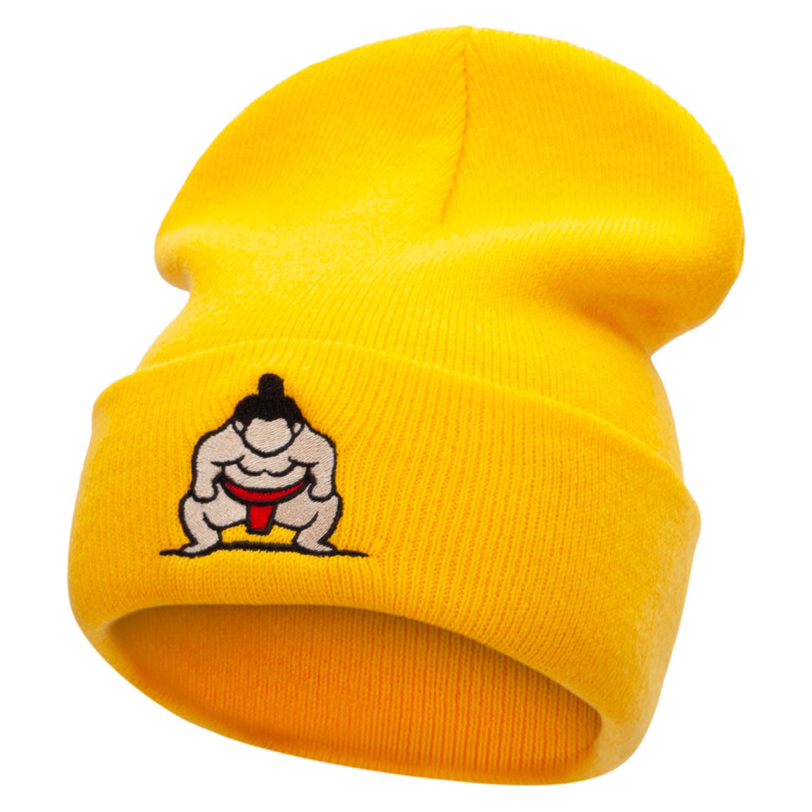 Sumo Embroidered 12 Inch Long Knitted Beanie - Yellow OSFM