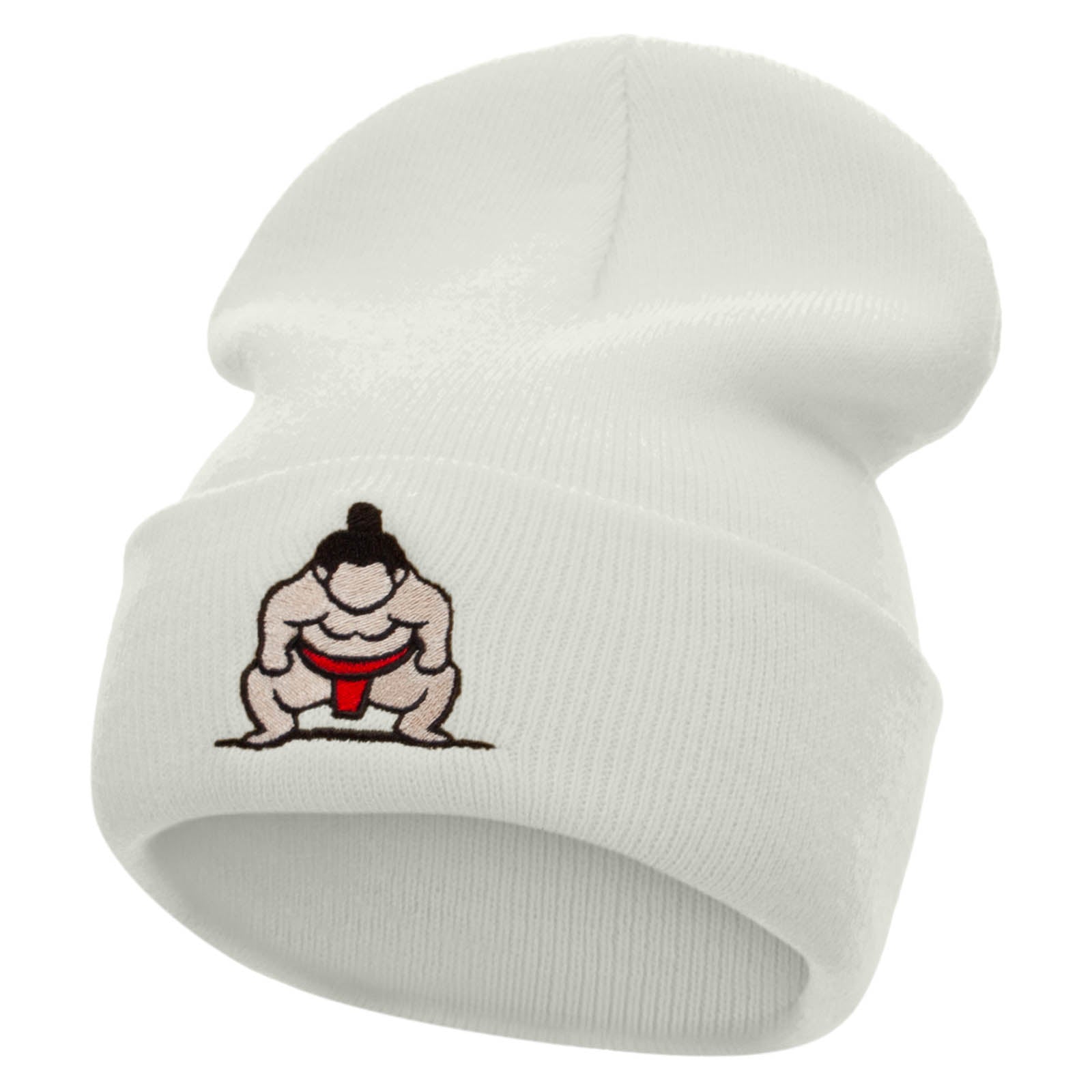 Sumo Embroidered 12 Inch Long Knitted Beanie - White OSFM