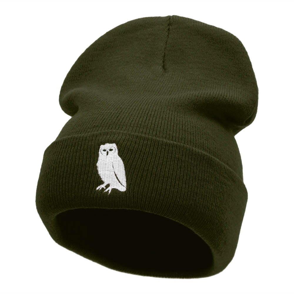 Gazing Owl Embroidered 12 Inch Long Knitted Beanie - Olive OSFM