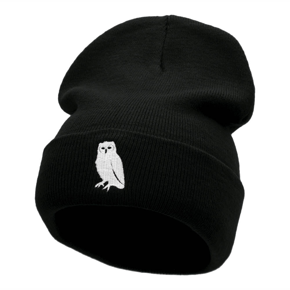 Gazing Owl Embroidered 12 Inch Long Knitted Beanie - Black OSFM