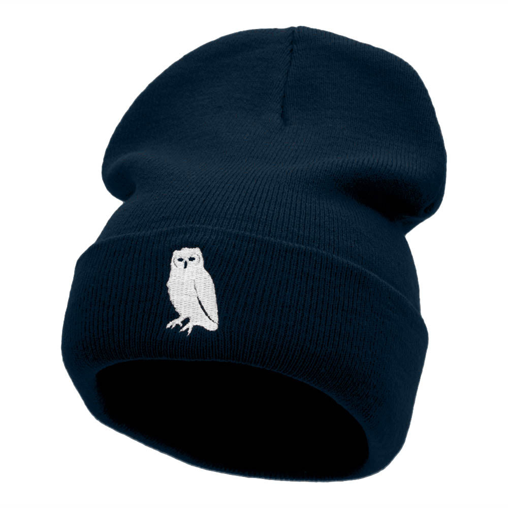 Gazing Owl Embroidered 12 Inch Long Knitted Beanie - Navy OSFM