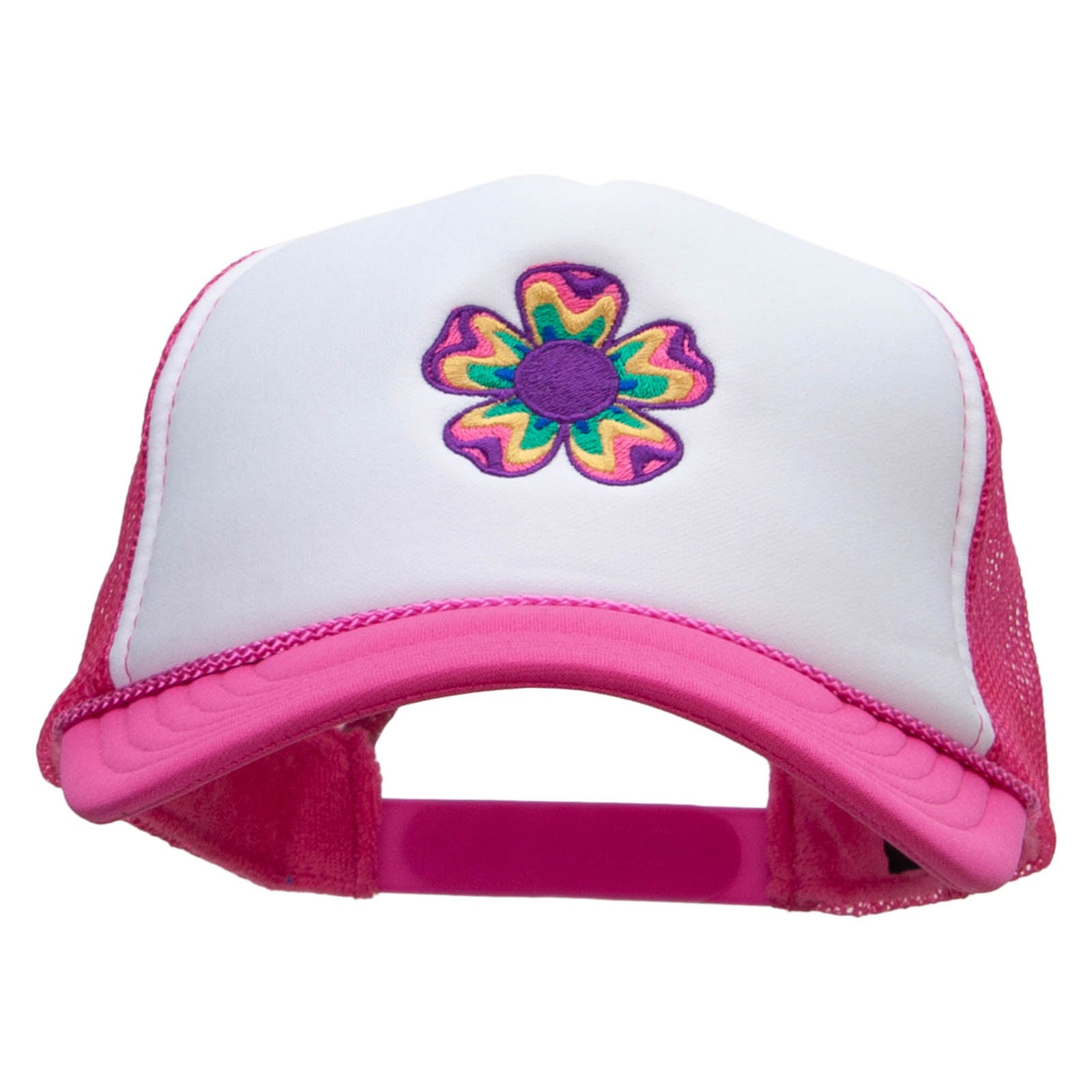 Retro Flower Embroidered Foam Panel Mesh Snapback - Pink White OSFM