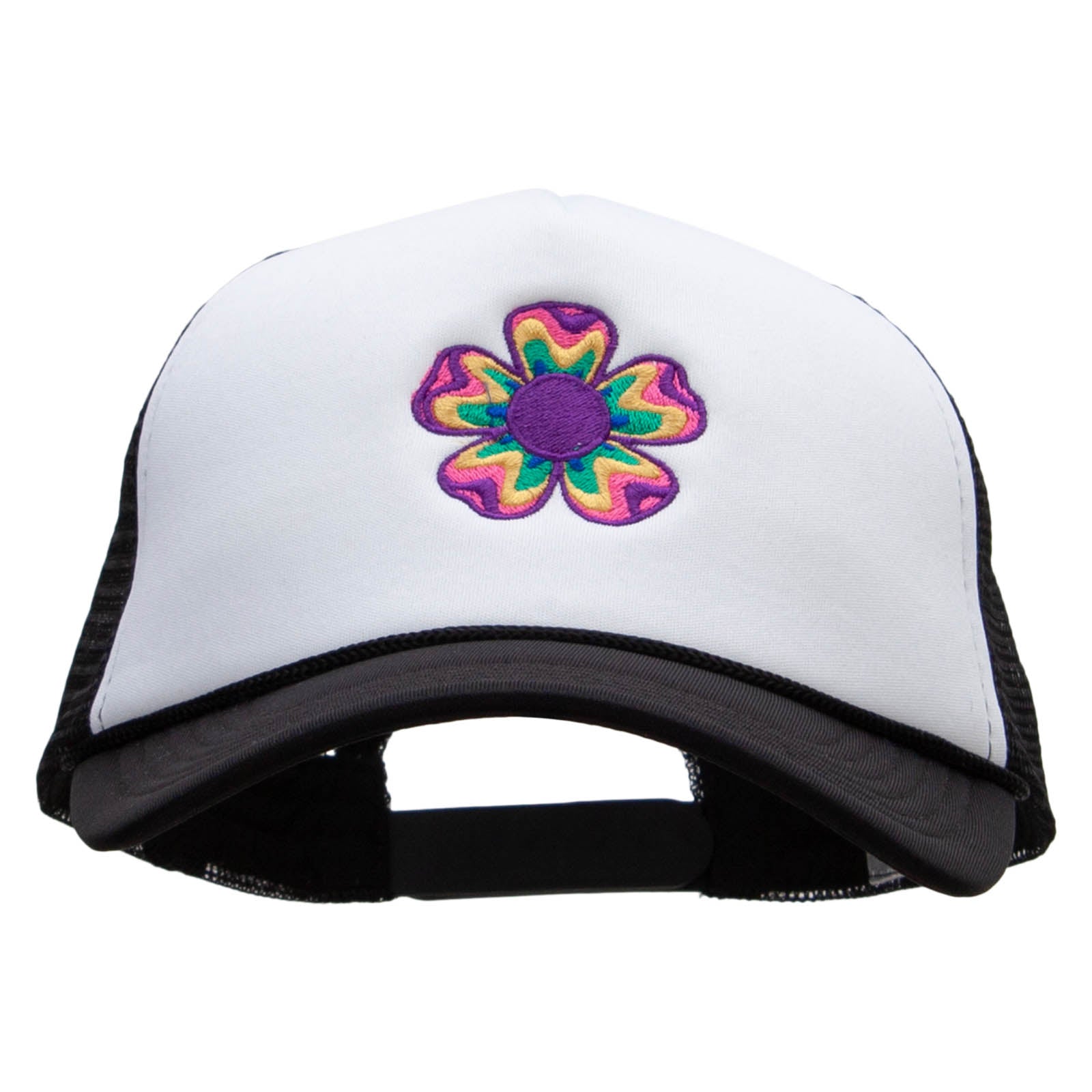 Retro Flower Embroidered Foam Panel Mesh Snapback - Black White OSFM