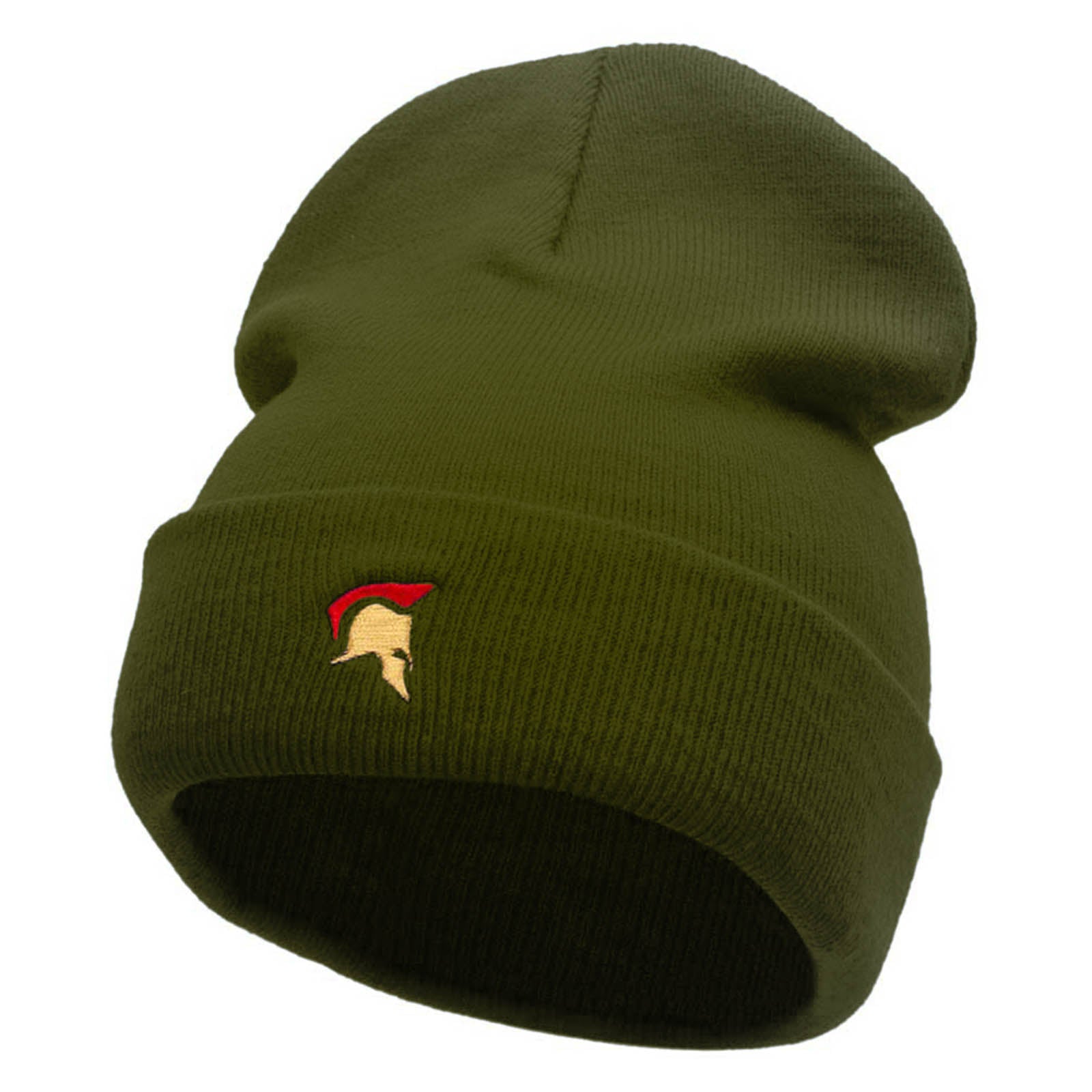 The Trojan Helmet Embroidered 12 Inch Long Knitted Beanie - Olive OSFM