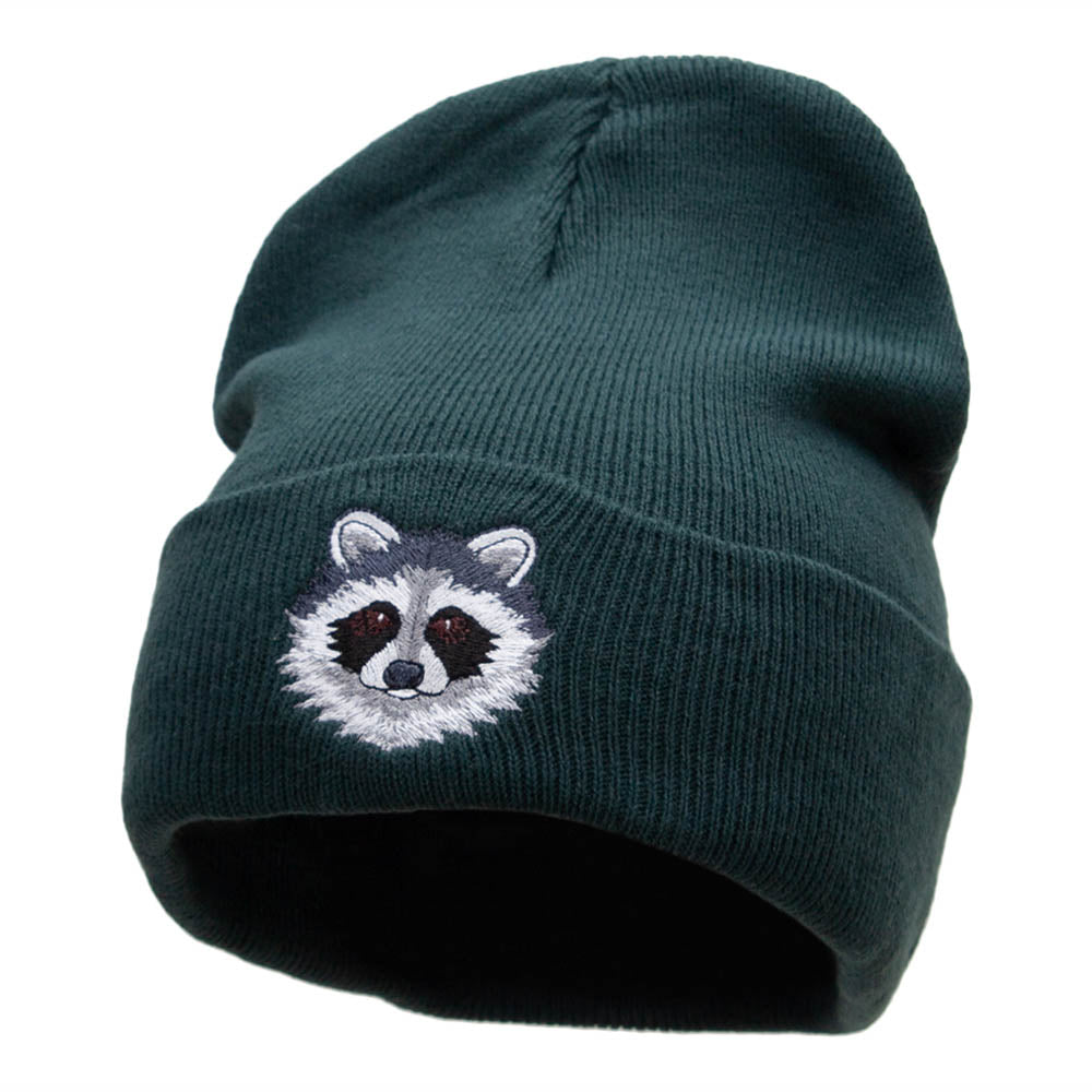 Racoon Face Embroidered 12 Inch Long Knitted Beanie - Dk Green OSFM