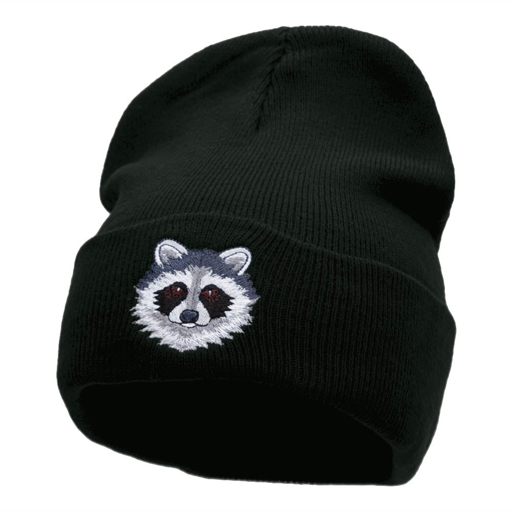 Racoon Face Embroidered 12 Inch Long Knitted Beanie - Black OSFM