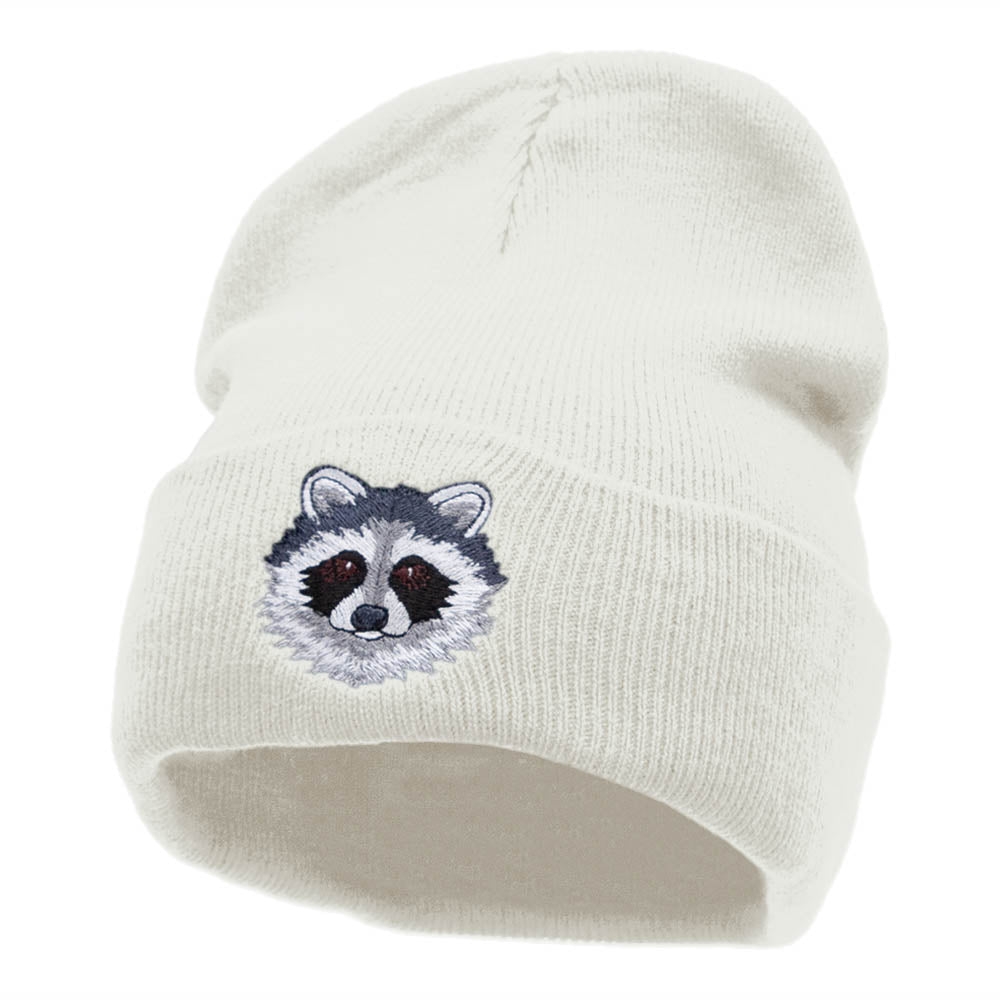 Racoon Face Embroidered 12 Inch Long Knitted Beanie - White OSFM