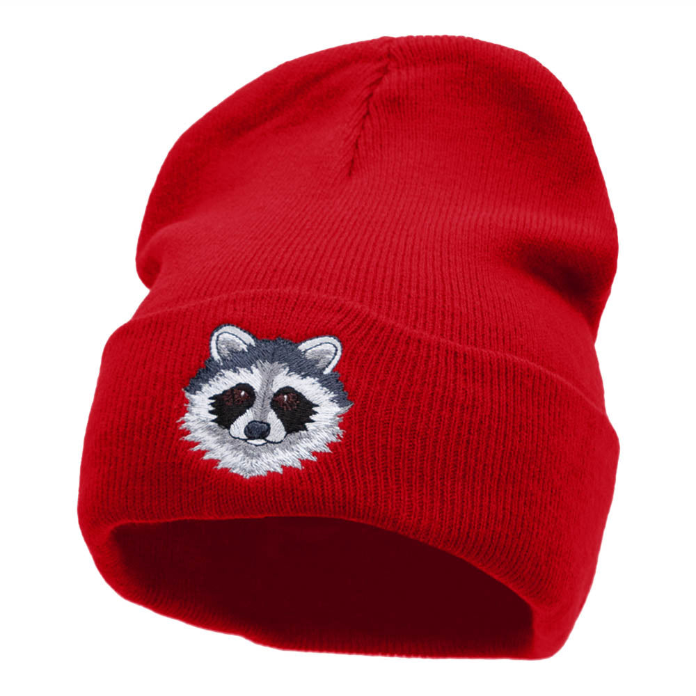 Racoon Face Embroidered 12 Inch Long Knitted Beanie - Red OSFM