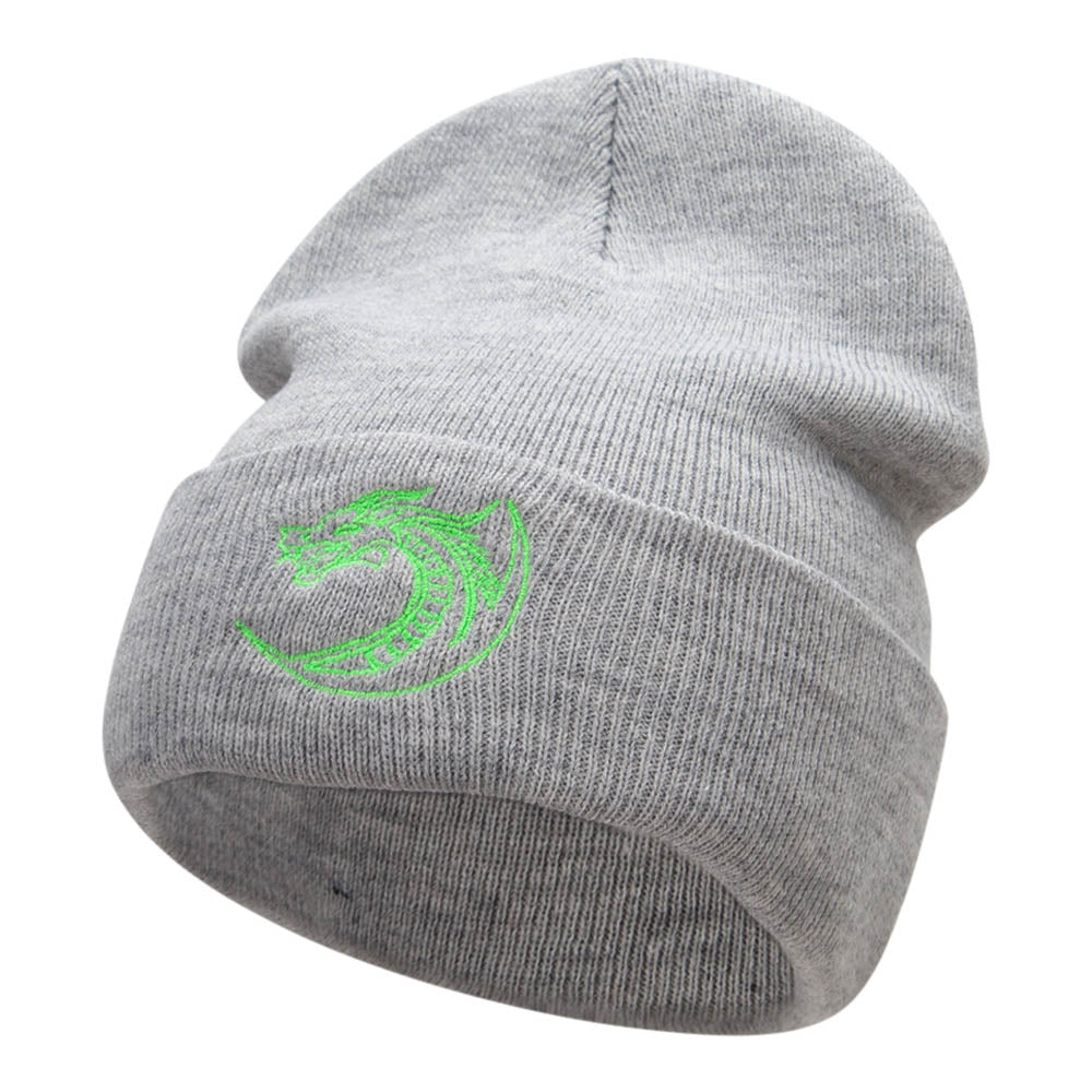 Dragon Outline Embroidered 12 Inch Long Knitted Beanie - Heather Grey OSFM