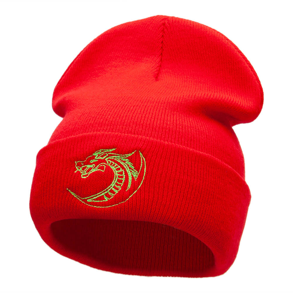 Dragon Outline Embroidered 12 Inch Long Knitted Beanie - Red OSFM